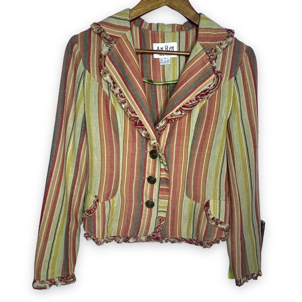 An Ren New York Multicolor Striped Ruffle Button Blazer Jacket Size Medium